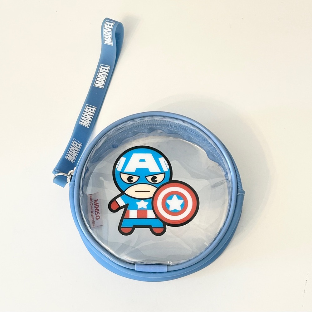 Captain America Miniso cosmetic travel pouch wristlet bag Marvel superhero blue